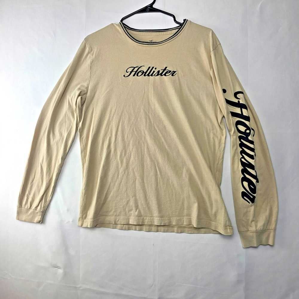 Hollister Men's M Beige Long Sleeve Tee Shirt Logo Front & Sleeve